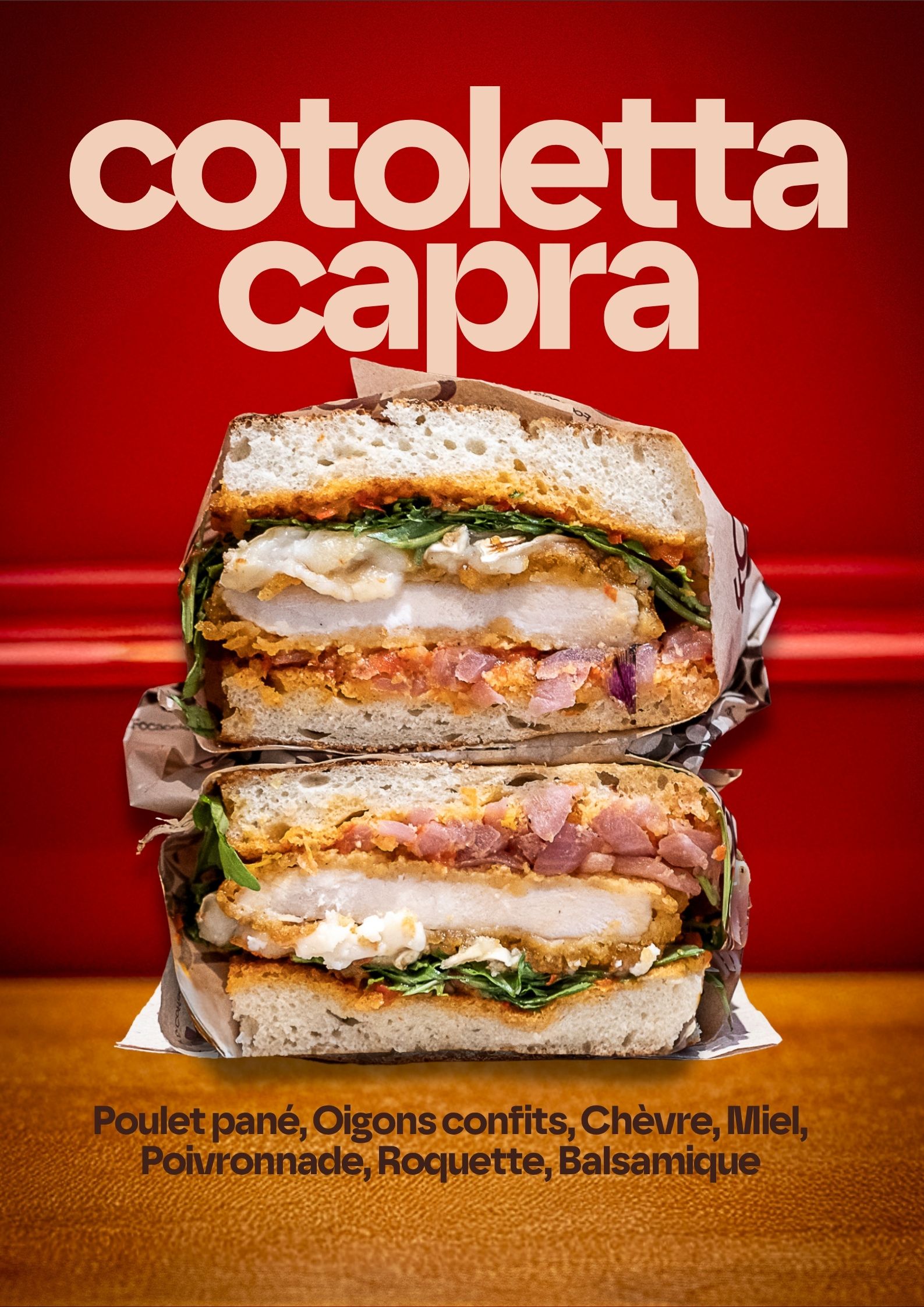 focaccia-cotoletta-poulet-pane-oignons-confits-chevre-miel-poivronnade